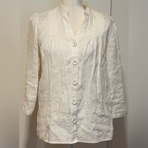 St. Tropez West white 100% linen blouse eyelet embroidery pleated SZ Small